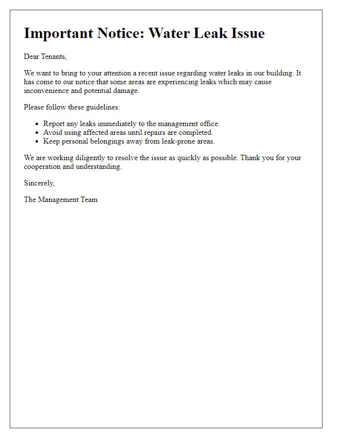 Letter template of water leak issue for tenant newsletter