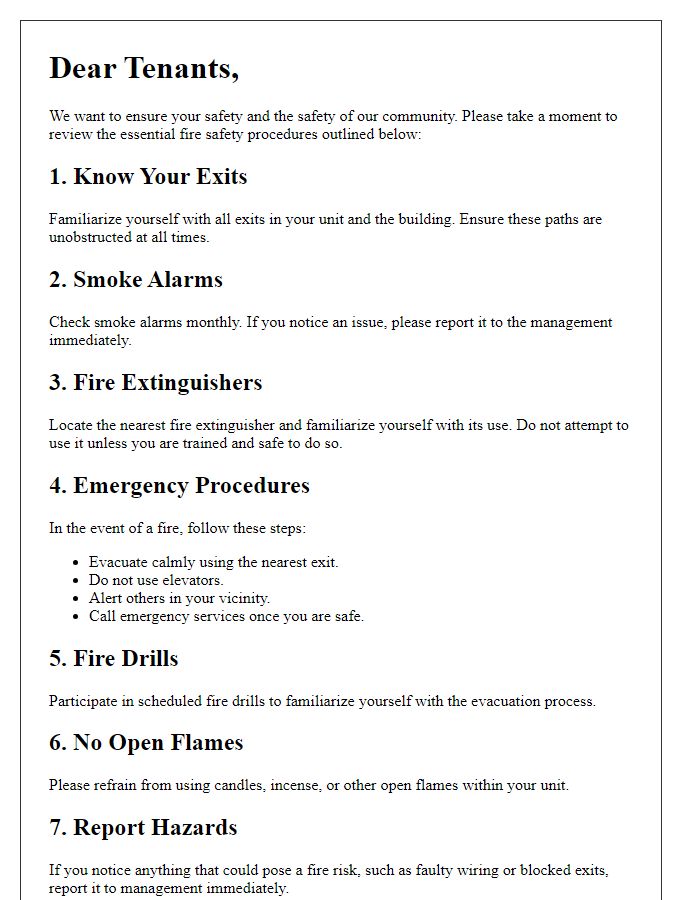 Letter template of essential fire safety procedures for tenants