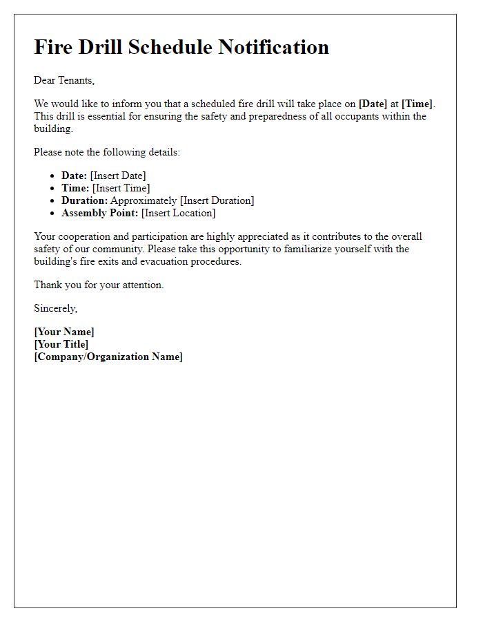 Letter template of fire drill schedule and tenant participation