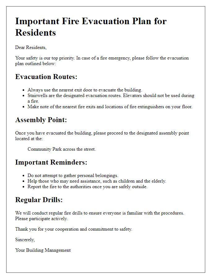 Letter template of fire evacuation plan for apartment residents