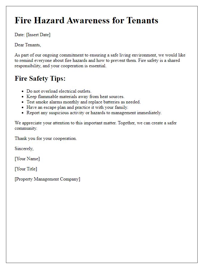 Letter template of fire hazard awareness for tenants