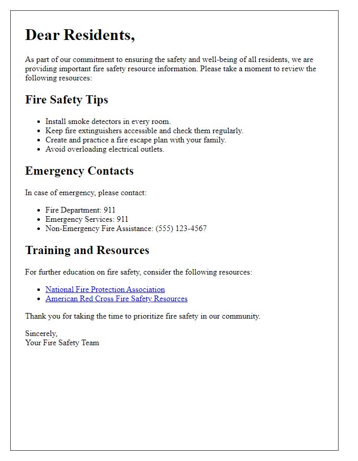 Letter template of fire safety resource information for residents