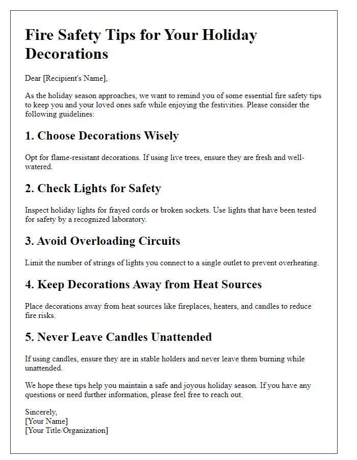 Letter template of fire safety tips for holiday decorations