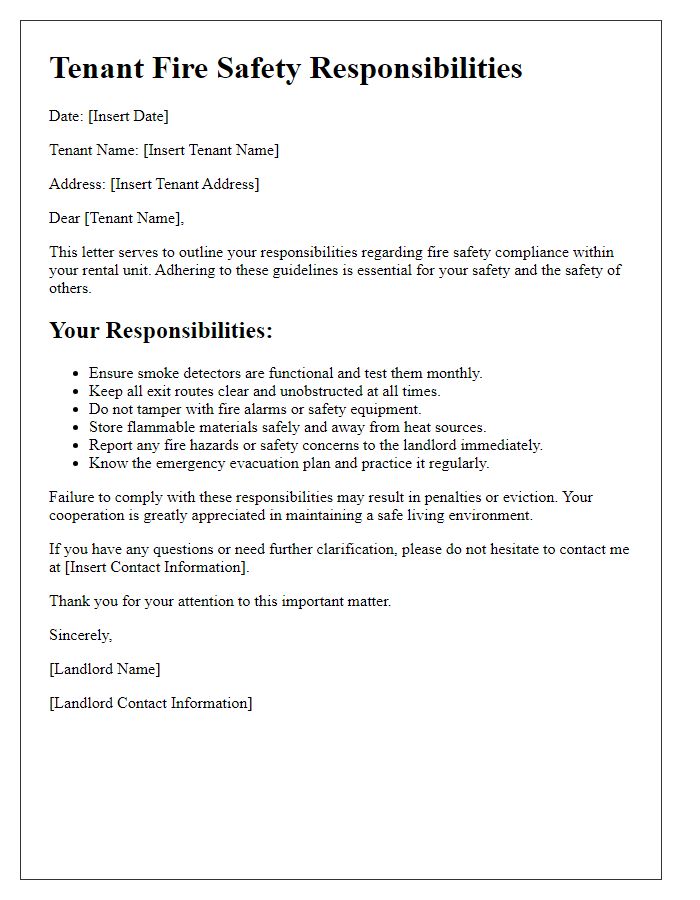 Letter template of tenant responsibilities for fire safety compliance