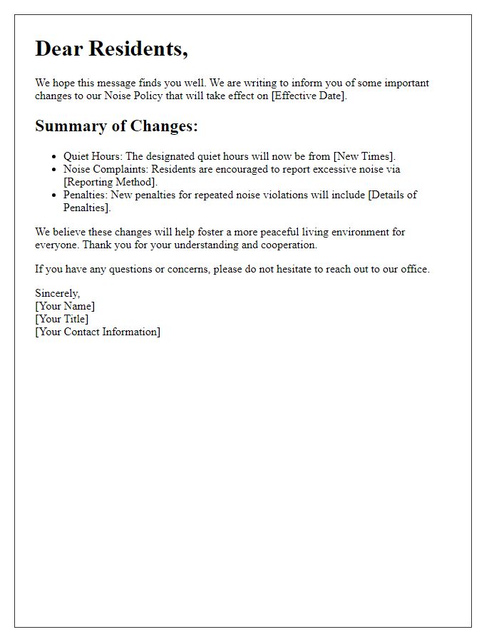 Letter template of Changes to Noise Policy for Residents