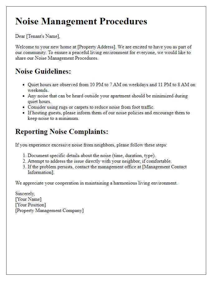 Letter template of New Tenant Noise Management Procedures