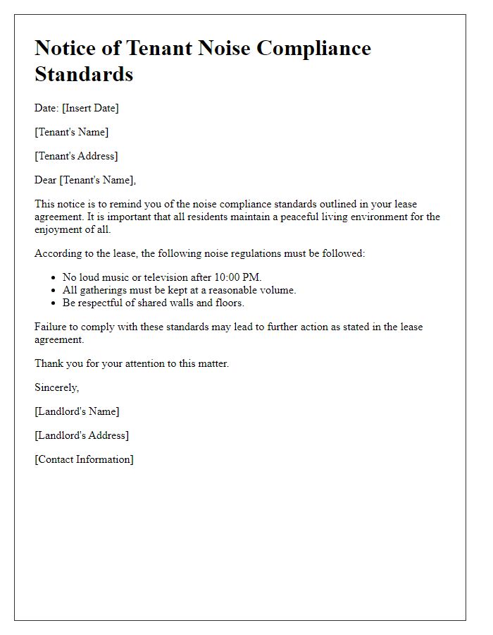 Letter template of Notice on Tenant Noise Compliance Standards