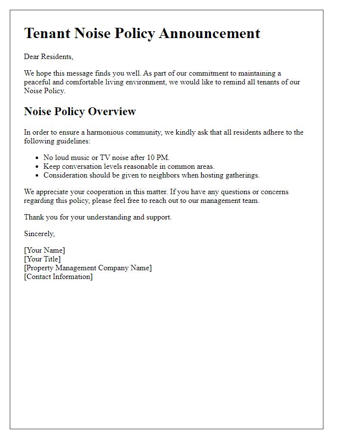 Letter template of Tenant Noise Policy Announcement