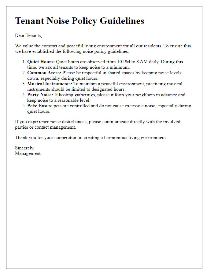 Letter template of Tenant Noise Policy Guidelines