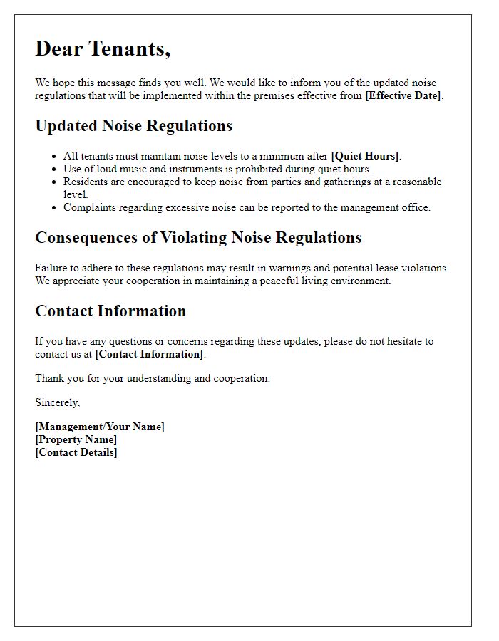 Letter template of Updated Noise Regulations for Tenants