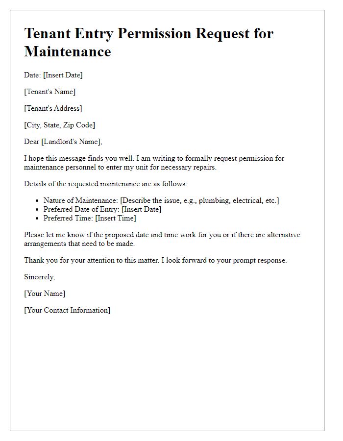 Letter template of Tenant Entry Permission Request for Maintenance