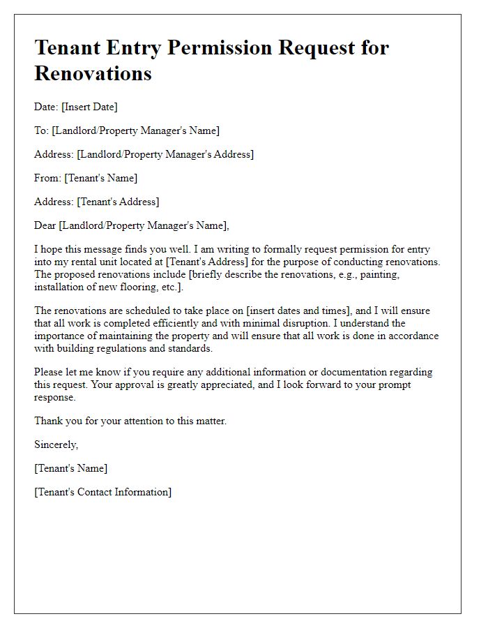 Letter template of Tenant Entry Permission Request for Renovations