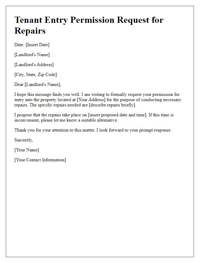 Letter template of Tenant Entry Permission Request for Repairs