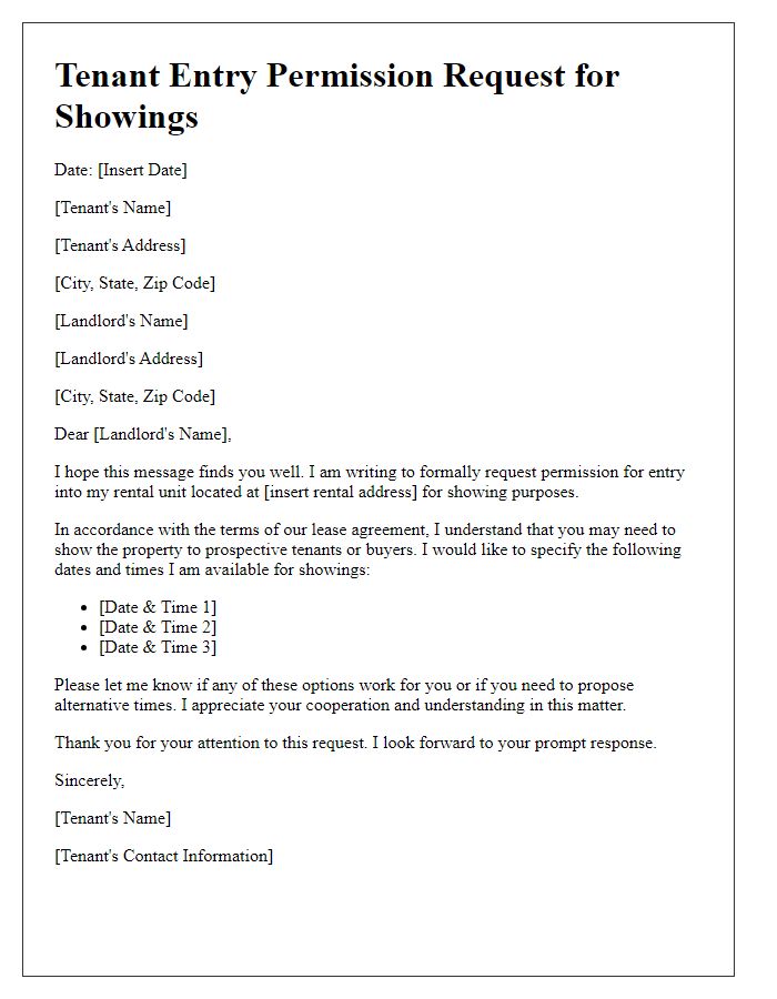 Letter template of Tenant Entry Permission Request for Showings