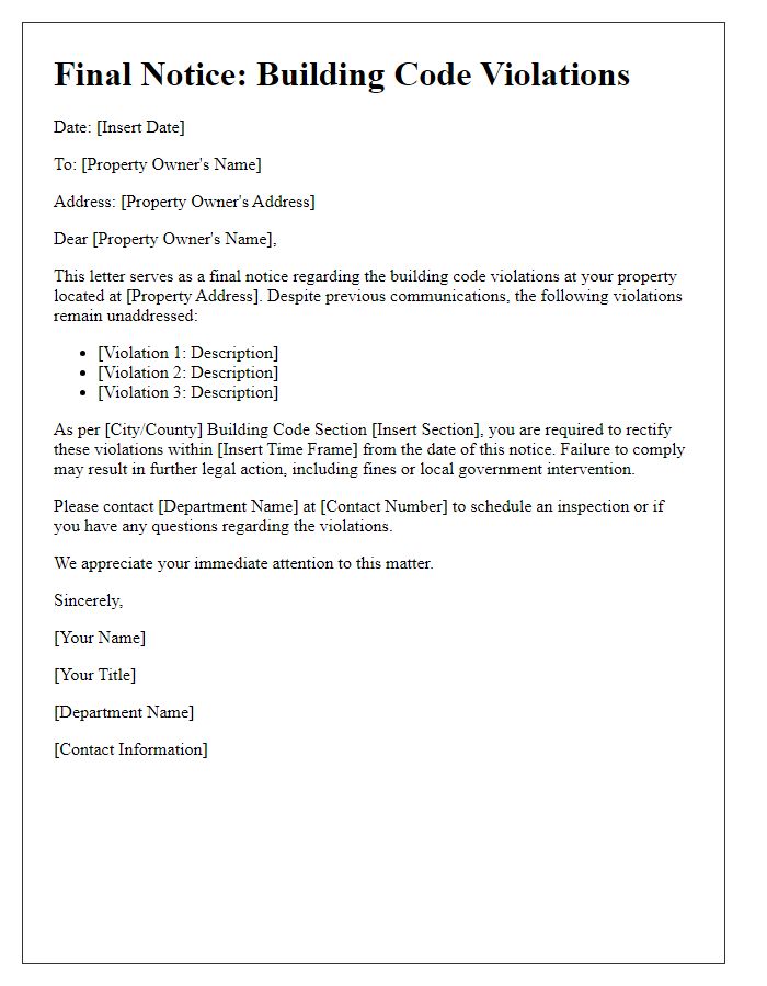 Letter template of Final Notice for Building Code Violations