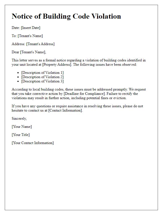 Letter template of Notice for Tenant Building Code Violation