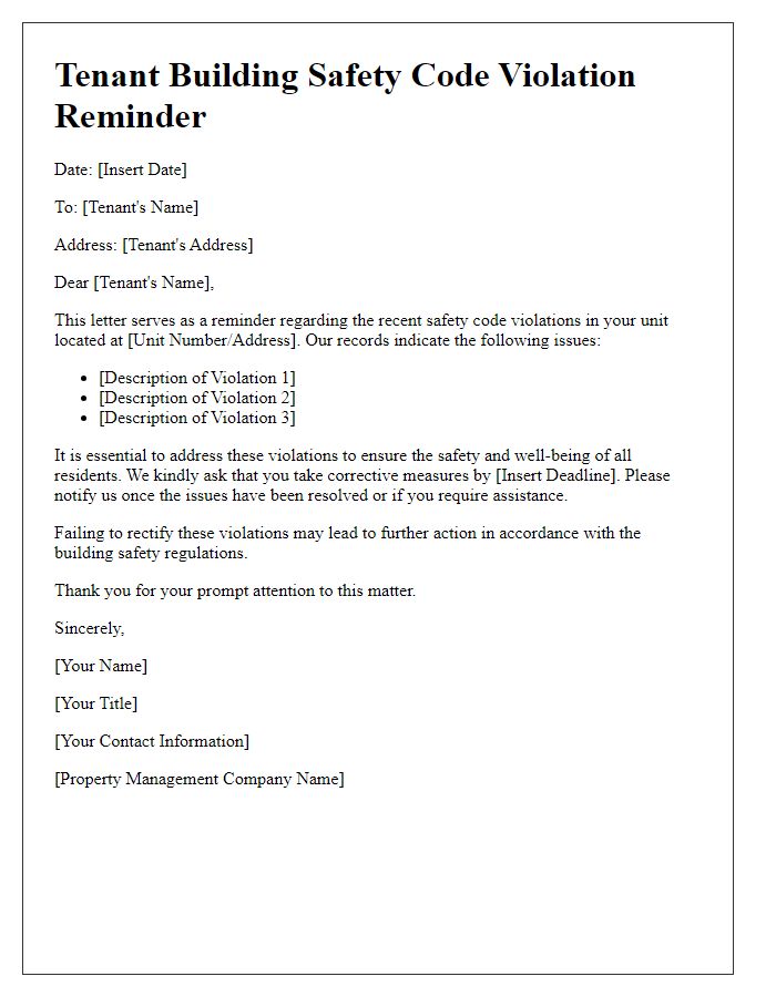 Letter template of Tenant Building Safety Code Violation Reminder