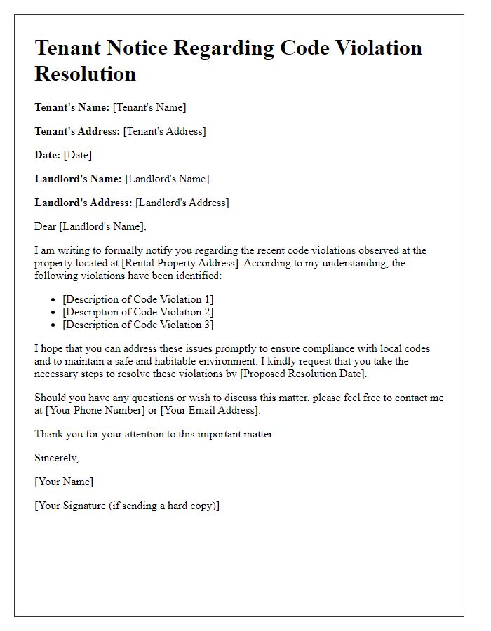 Letter template of Tenant Notice Regarding Code Violation Resolution