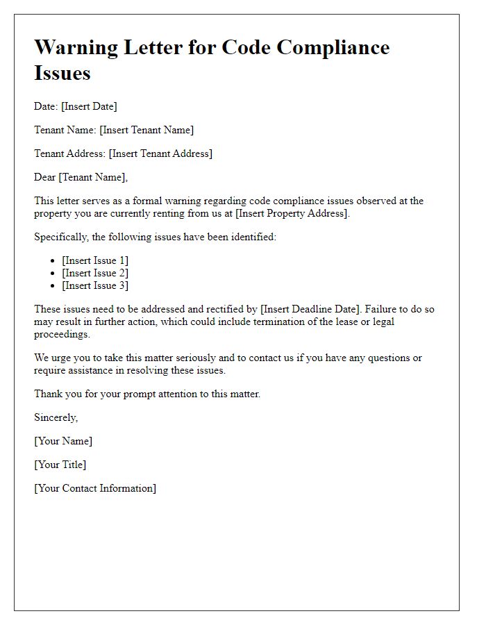 Letter template of Warning for Tenant Code Compliance Issues