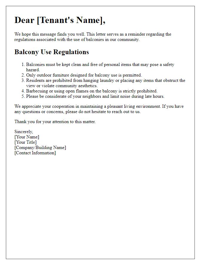 Letter template of Balcony Regulation for Tenants