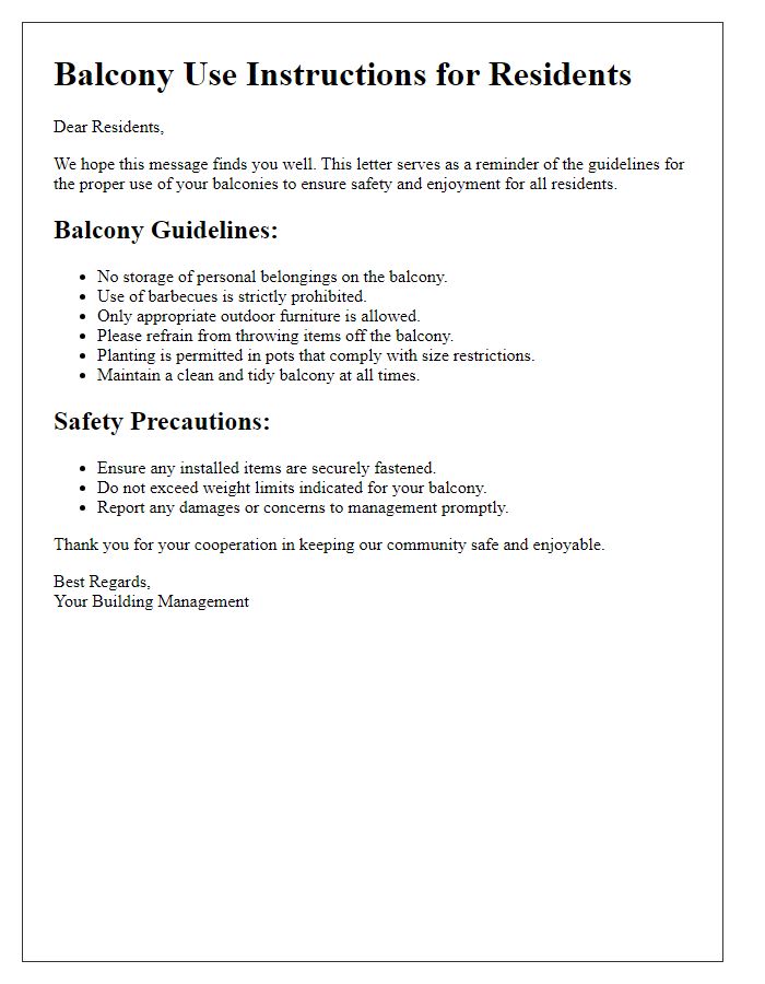 Letter template of Balcony Use Instructions for Residents