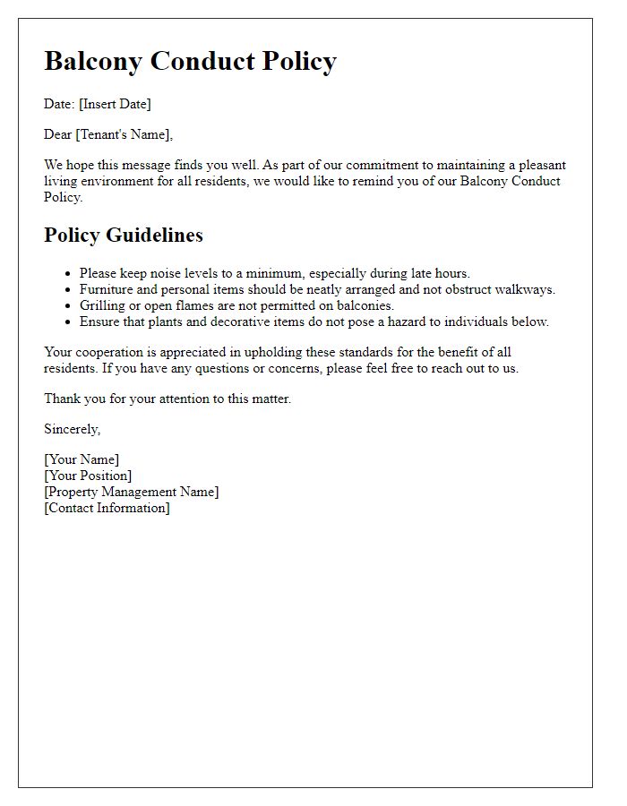 Letter template of Tenant Balcony Conduct Policy