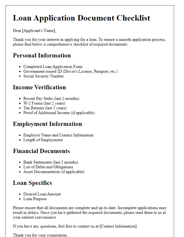 Letter template of comprehensive checklist for loan application documents