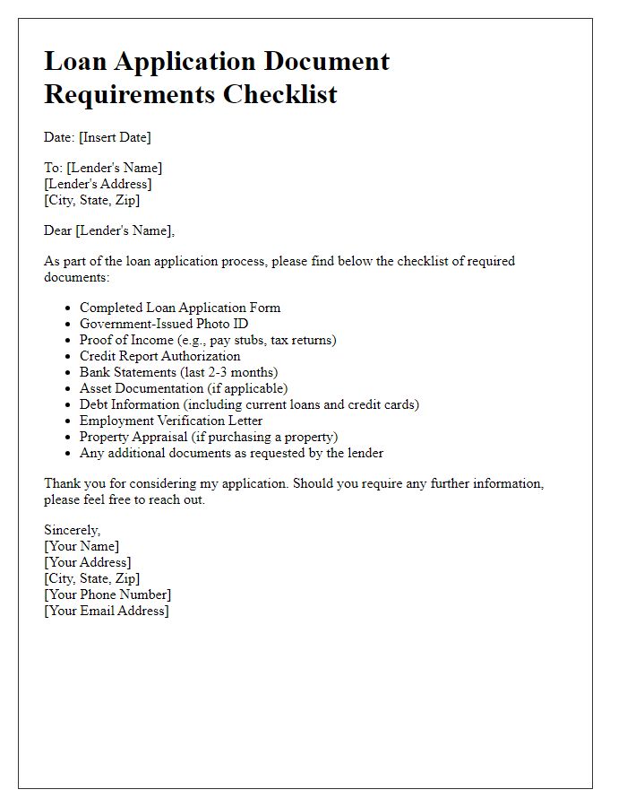 Letter template of loan application document requirements checklist