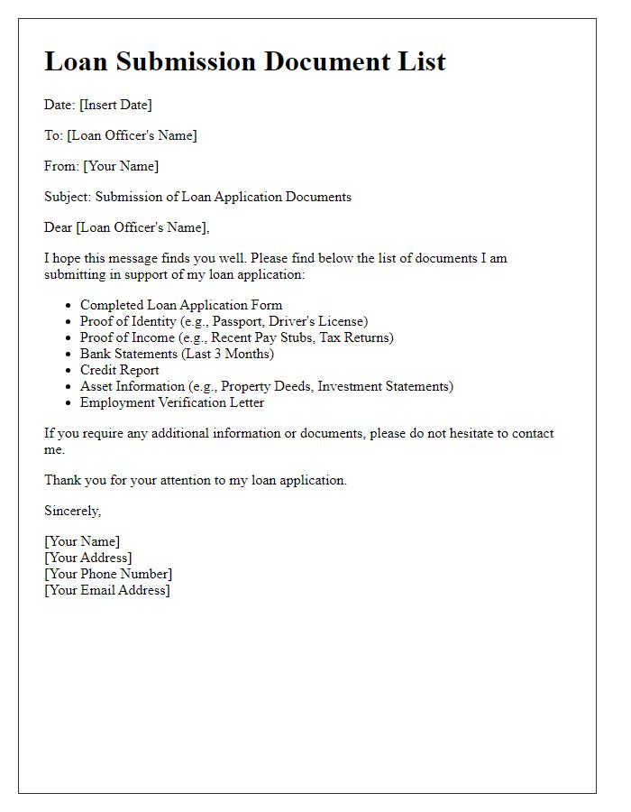 Letter template of loan submission document list