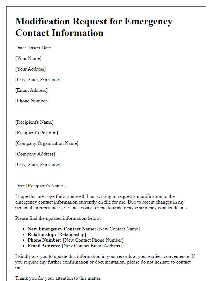 Letter template of modification request for emergency contact info