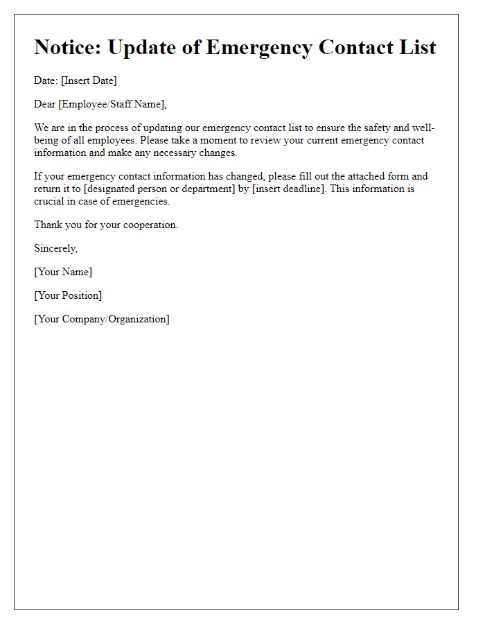 Letter template of notice for updating emergency contact list