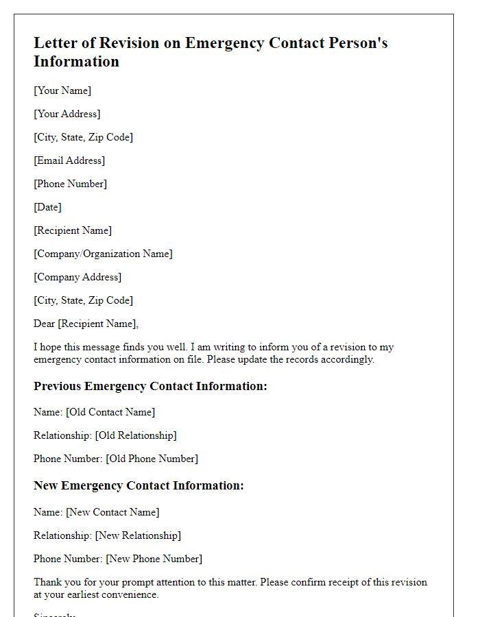 Letter template of revision on emergency contact person's information