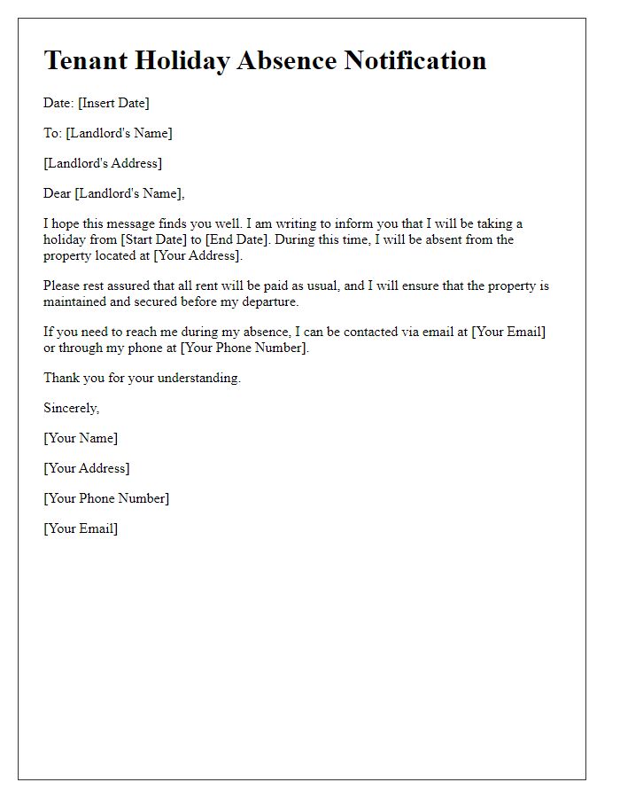 Letter template of tenant holiday absence letter