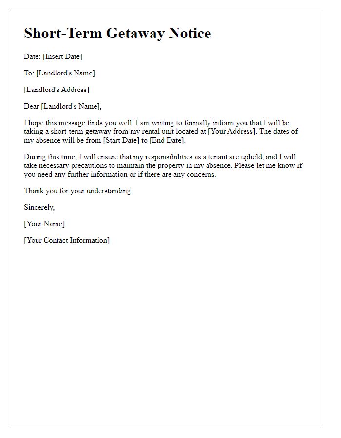 Letter template of tenant short-term getaway notice