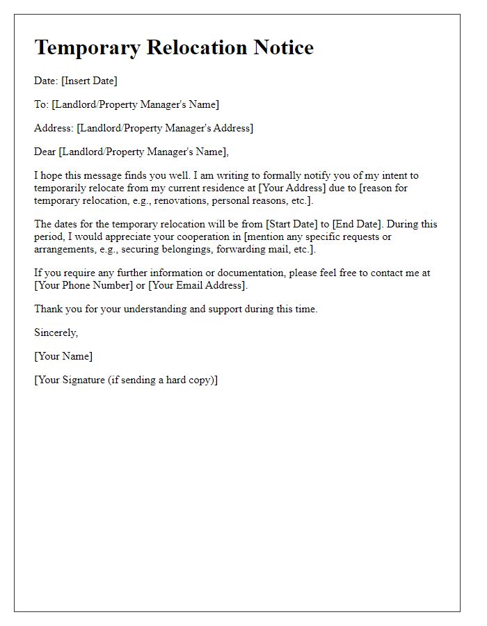 Letter template of tenant temporary relocation notice