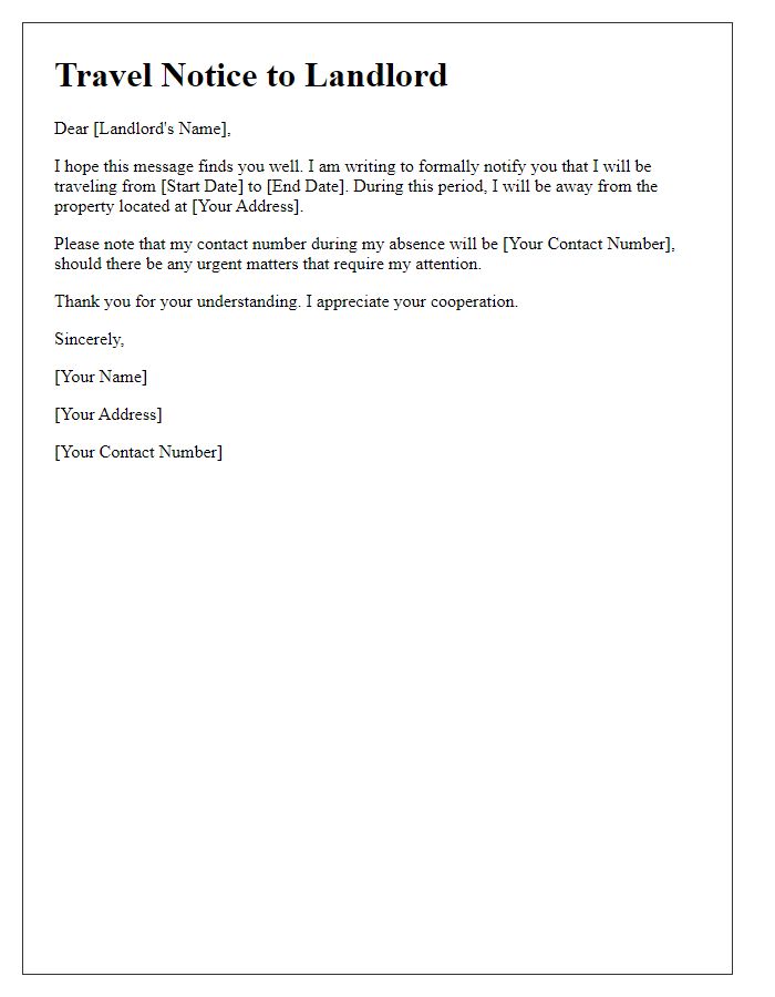 Letter template of tenant travel notice to landlord