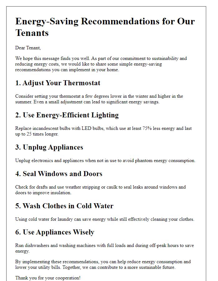 Letter template of energy-saving recommendations for tenants