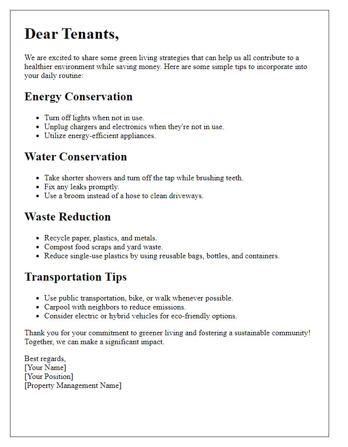 Letter template of green living strategies for tenants