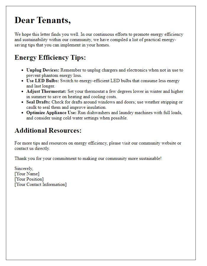 Letter template of practical energy efficiency suggestions for tenants