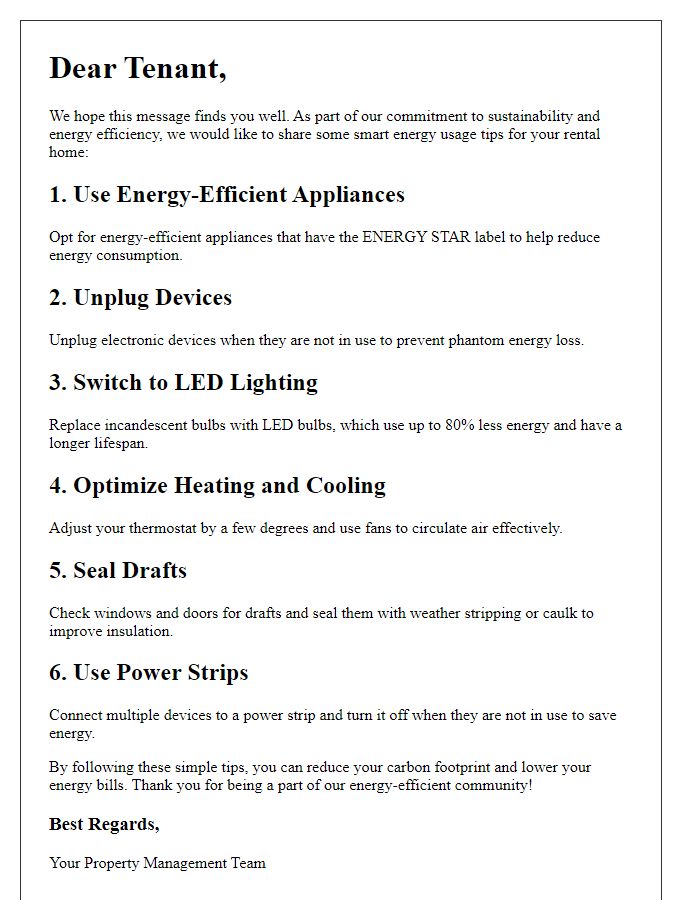 Letter template of smart energy usage tips for rental homes