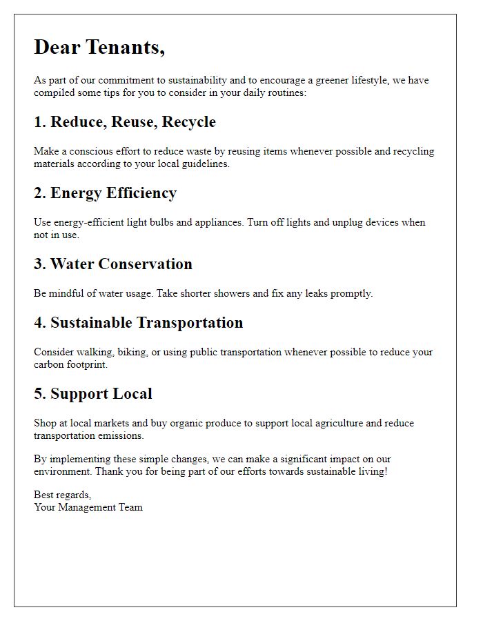 Letter template of sustainable living tips for tenants