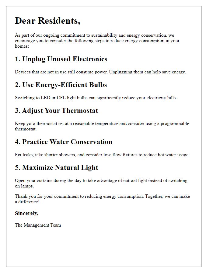 Letter template of ways to reduce energy consumption for residents