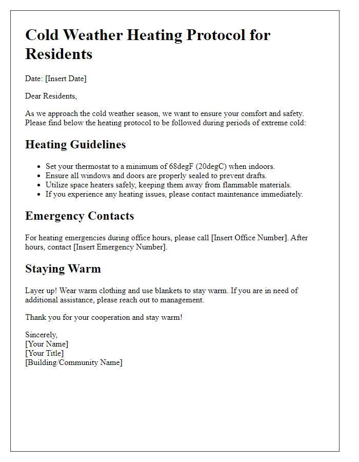 Letter template of cold weather heating protocol for residents