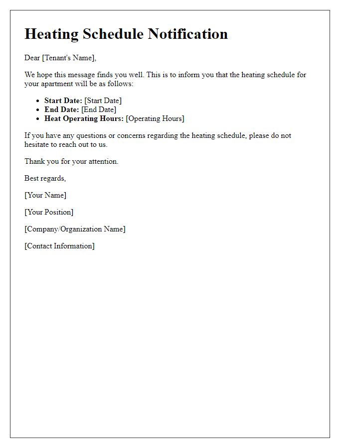 Letter template of heating schedule notifications for tenants