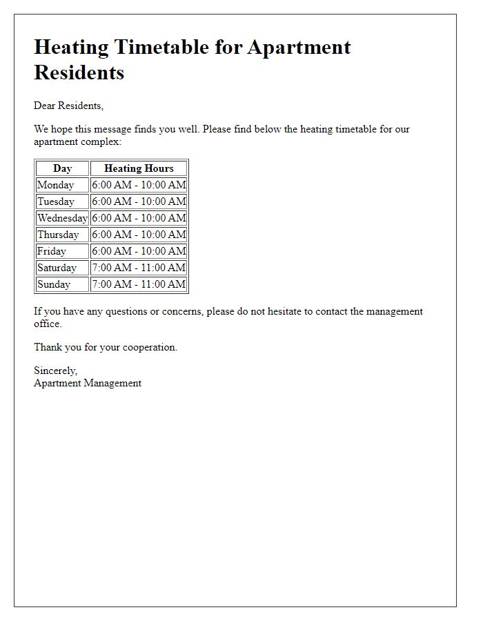 Letter template of heating timetable for apartment residents