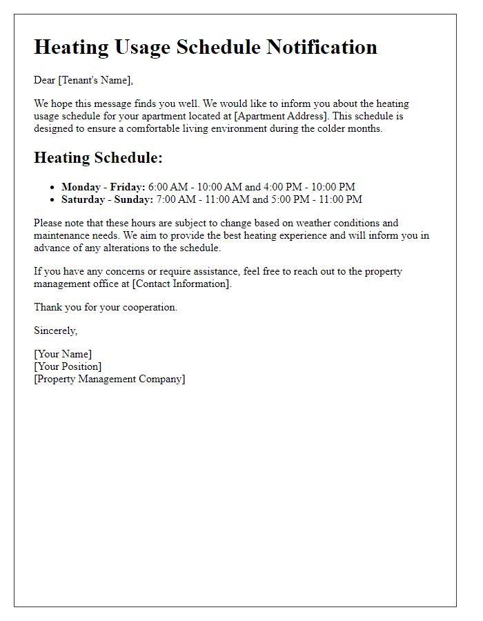 Letter template of heating usage schedule for apartment tenants