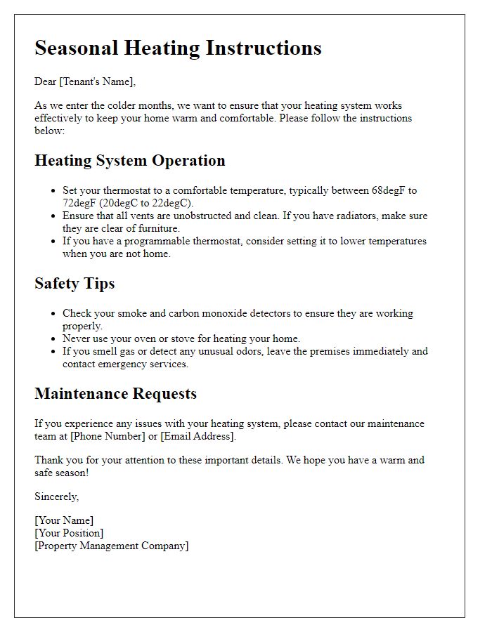 Letter template of seasonal heating instructions for renters