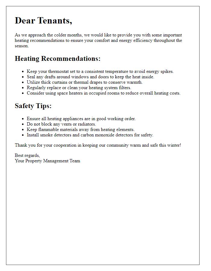 Letter template of seasonal heating recommendations for tenants