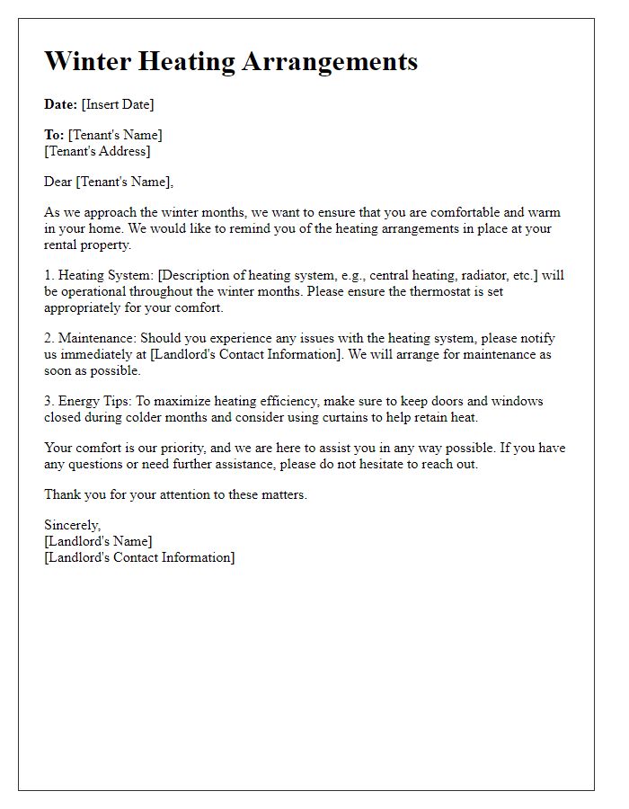 Letter template of winter heating arrangements for renters