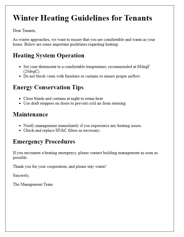 Letter template of winter heating guidelines for tenants